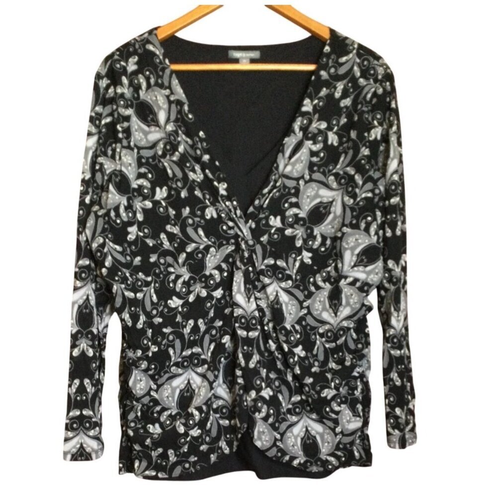 Womens 3X Black Gray Paisley Long-Sleeve Babydoll Top Blouse Twist Front